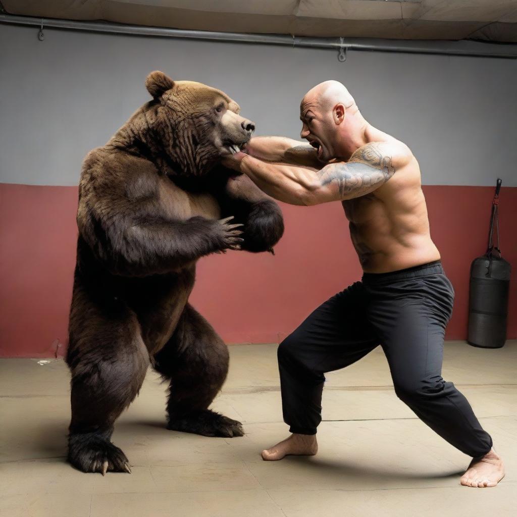 An exciting scene of Joe Rogan, trained martial artist and podcast host, grappling with a large, muscular bear