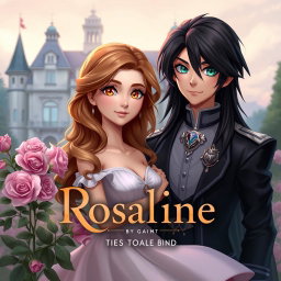 A dreamy, romantic 2D animation scene featuring the title 'Rosaline: Ties That Bind by Gabi' in an elegant font