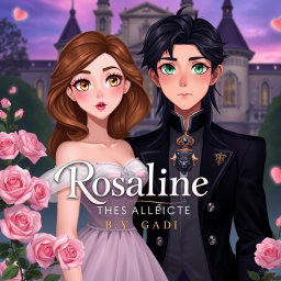 A dreamy, romantic 2D animation scene featuring the title 'Rosaline: Ties That Bind by Gabi' in an elegant font
