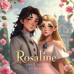 A dreamy, romantic 2D animation scene featuring the title 'Rosaline: Ties That Bind by Gabi' in an elegant font