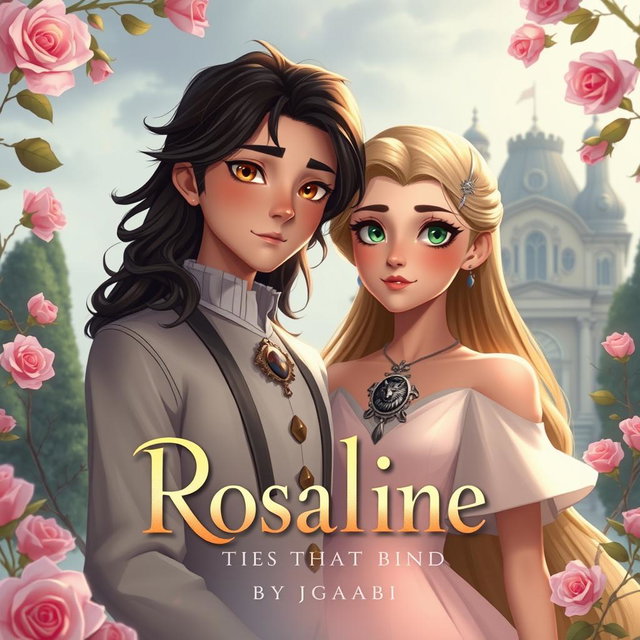 A dreamy, romantic 2D animation scene featuring the title 'Rosaline: Ties That Bind by Gabi' in an elegant font