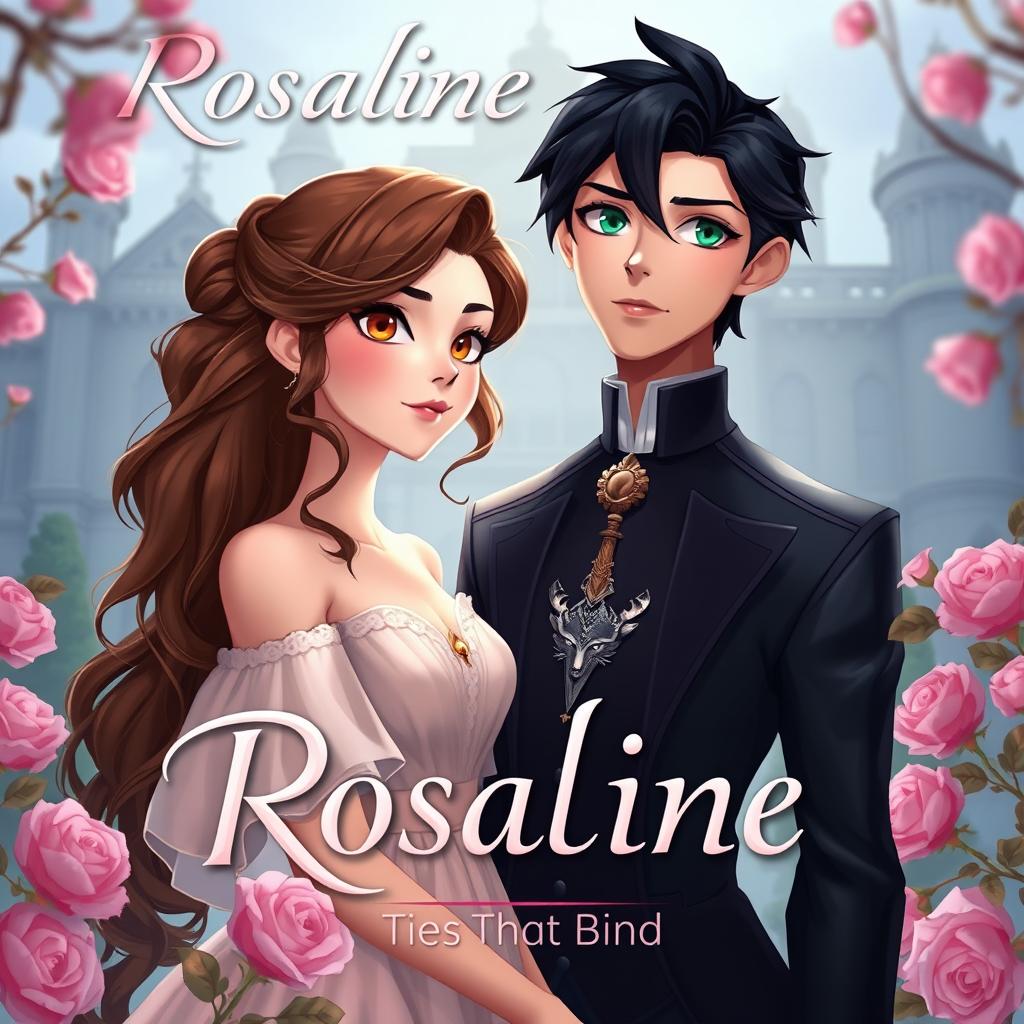 A dreamy, romantic 2D animation scene featuring the title 'Rosaline: Ties That Bind by Gabi' in an elegant font