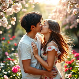 A beautiful boy and girl kissing passionately in a romantic setting