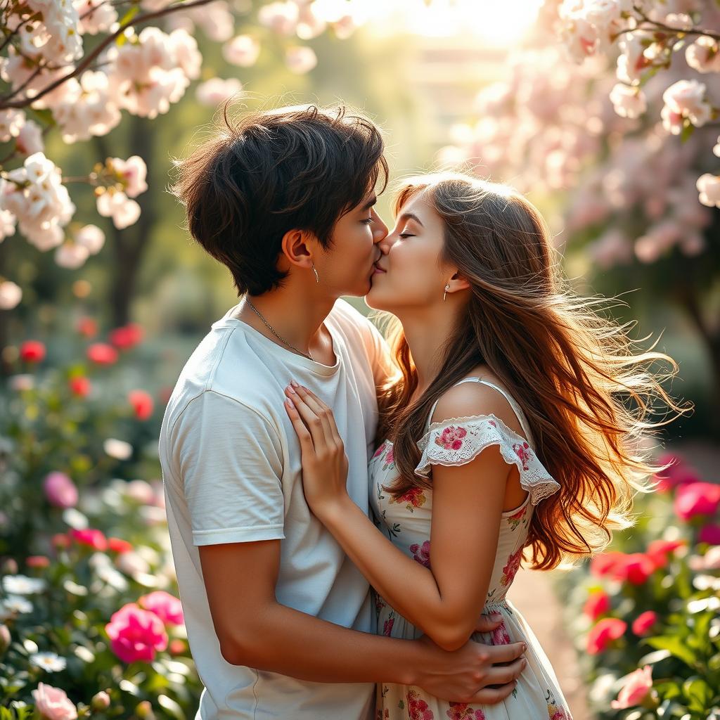 A beautiful boy and girl kissing passionately in a romantic setting