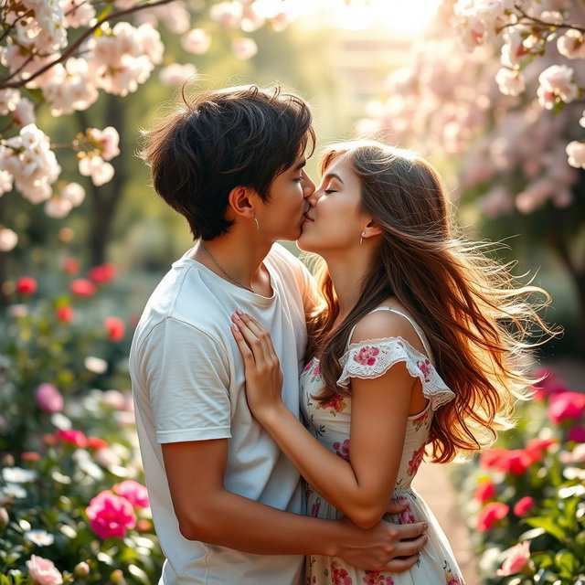 A beautiful boy and girl kissing passionately in a romantic setting