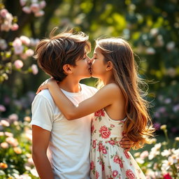 A beautiful boy and girl kissing passionately in a romantic setting