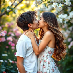 A beautiful boy and girl kissing passionately in a romantic setting