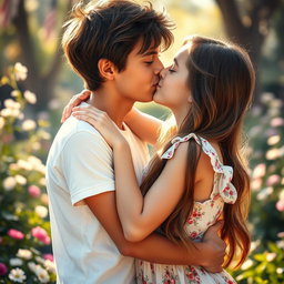 A beautiful boy and girl kissing passionately in a romantic setting