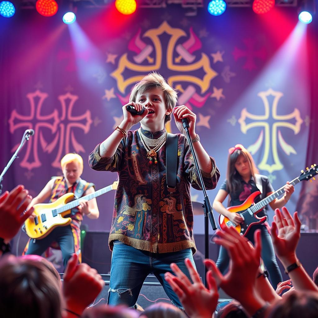 A vibrant rock band performance featuring an energetic male lead vocalist with a religious-themed attire, passionately singing into a microphone