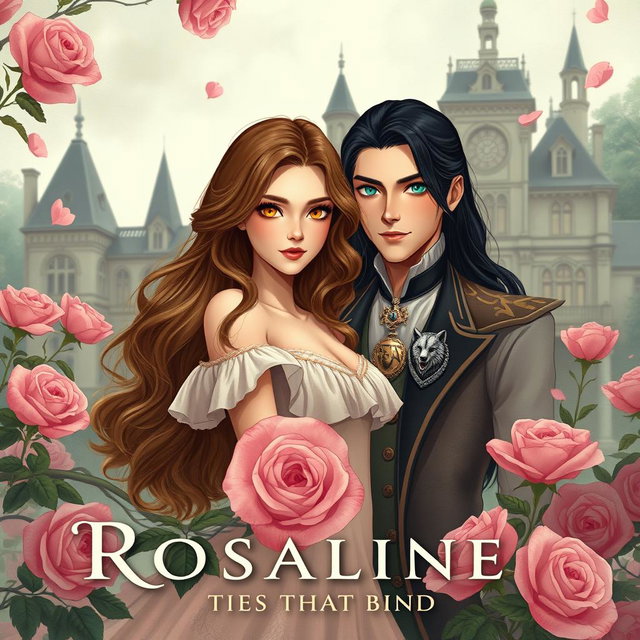 A romantic and mysterious scene depicting the female lead, Rosaline, with wavy dirt brown blonde hair and striking golden yellow eyes