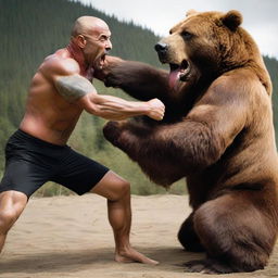 An exciting scene of Joe Rogan, trained martial artist and podcast host, grappling with a large, muscular bear