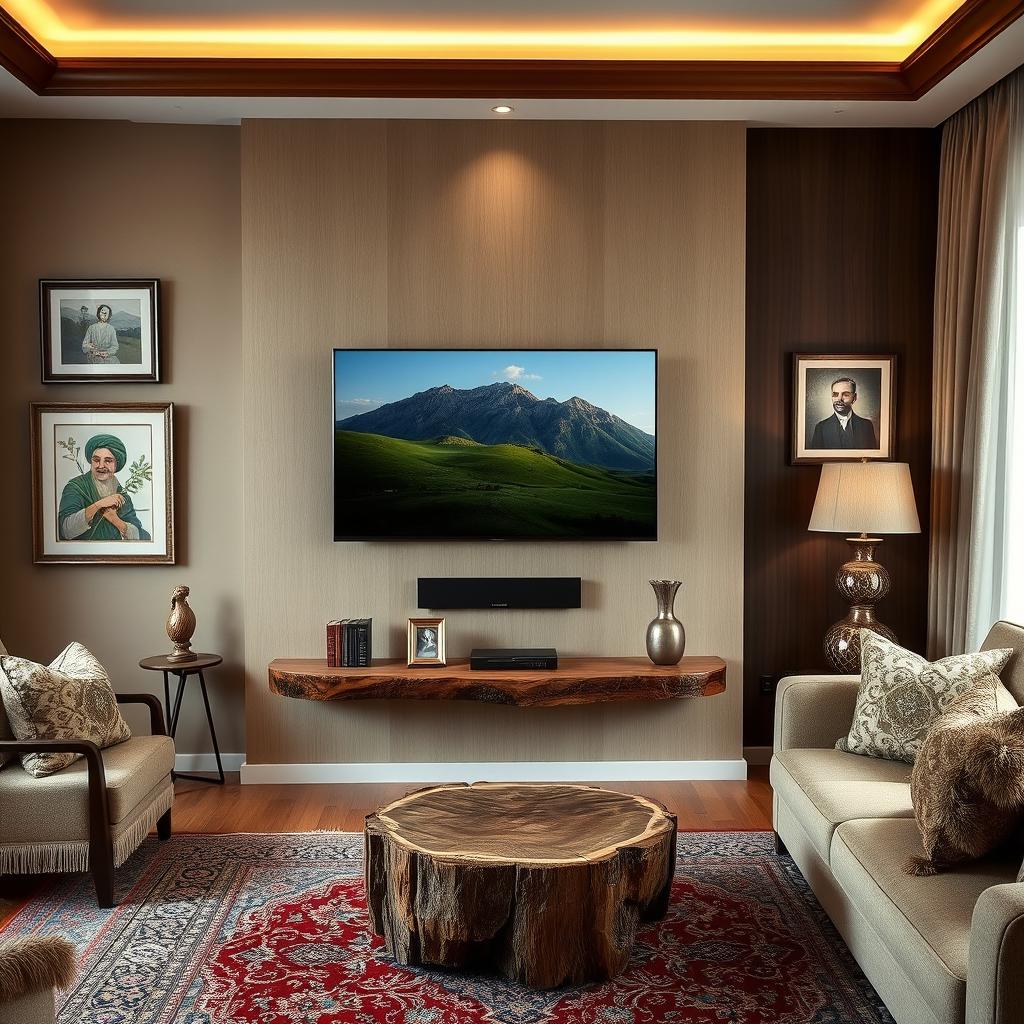 A beautifully designed Iranian living room featuring a wall-mounted television on a CNC panel