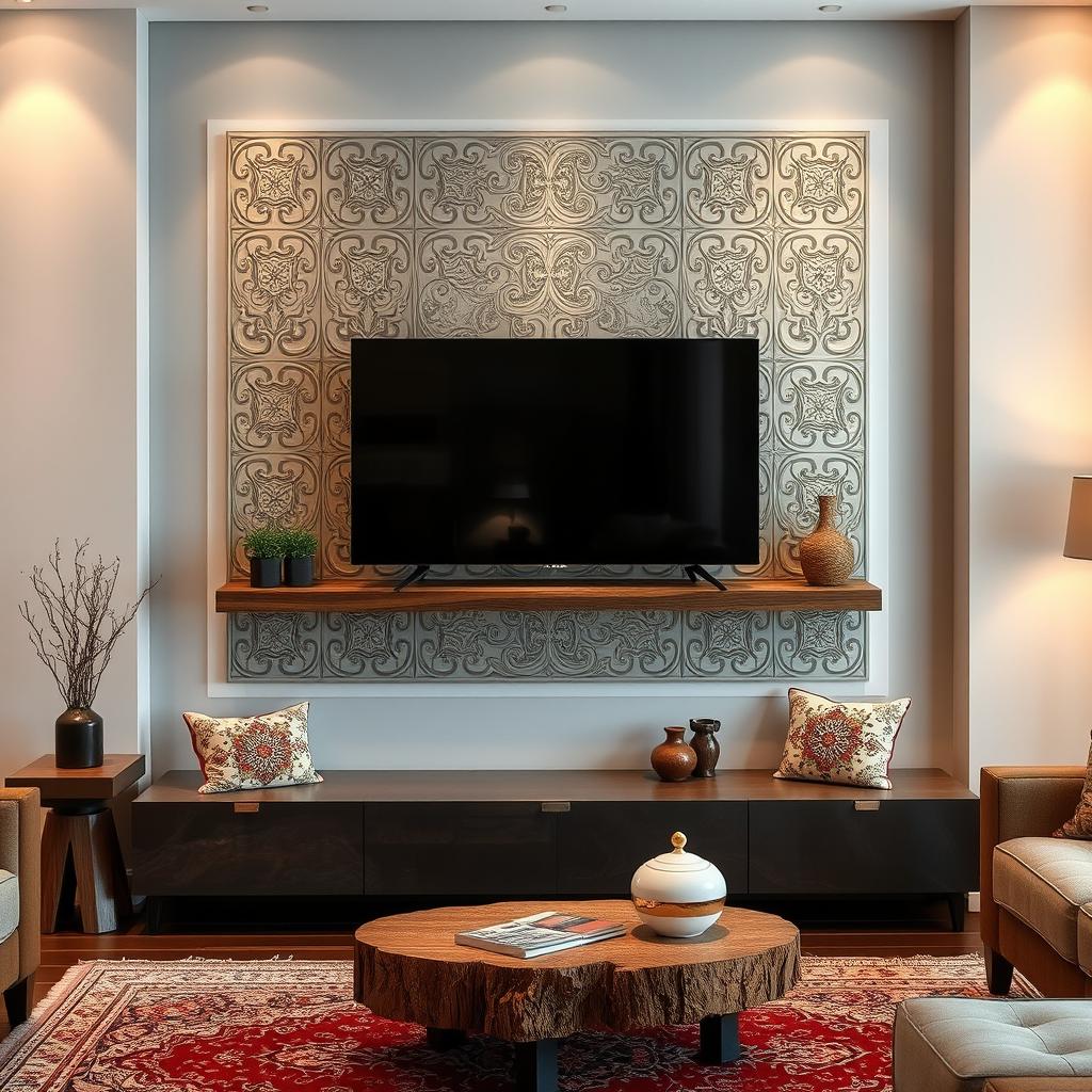 A modern Iranian living room featuring a TV mounted on a CNC patterned wall panel, showcasing intricate designs