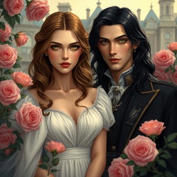 A romantic yet mysterious scene featuring a female lead with dirt brown blonde wavy hair and golden yellow eyes, embodying a soft and natural beauty with minimal makeup