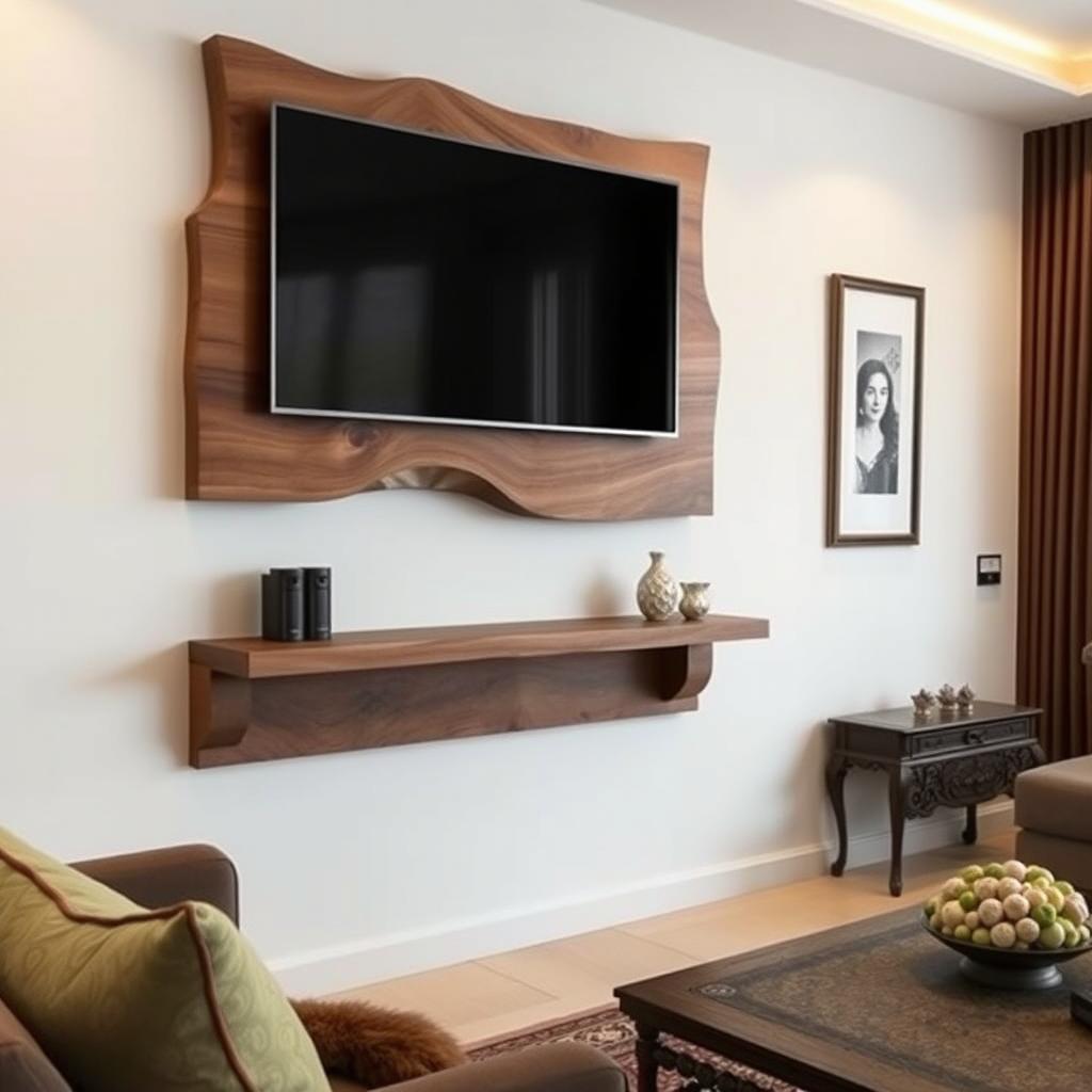 A modern living room design featuring a wall-mounted TV on a three-dimensional CNC panel