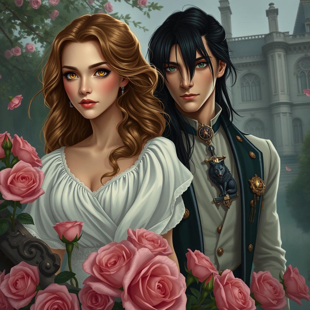 A romantic and mysterious scene featuring the female lead with dirt brown blonde wavy hair and golden yellow eyes, wearing a beautiful white flowy dress