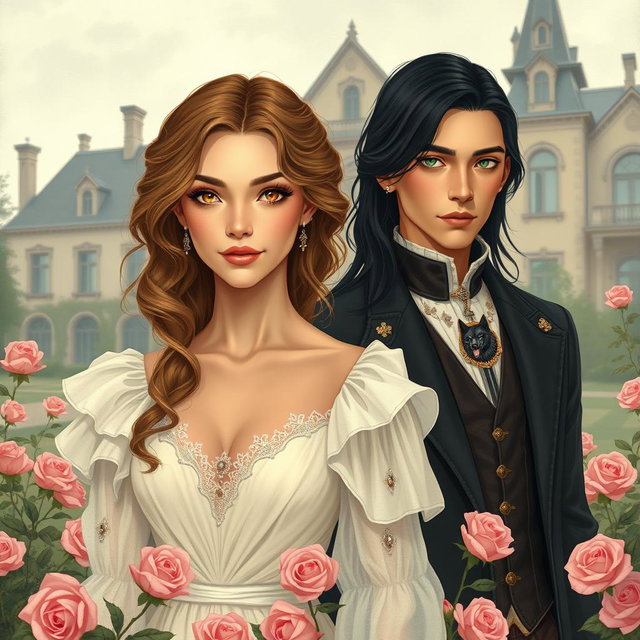 A romantic and mysterious scene featuring the female lead with dirt brown blonde wavy hair and golden yellow eyes, wearing a beautiful white flowy dress