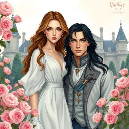 A romantic and mysterious scene featuring the female lead with dirt brown blonde wavy hair and golden yellow eyes, wearing a beautiful white flowy dress