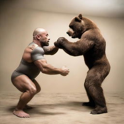 An exciting scene of Joe Rogan, trained martial artist and podcast host, grappling with a large, muscular bear