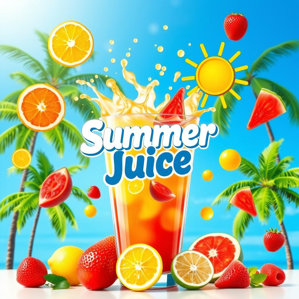 A vibrant and refreshing poster for a summer juice brand, showcasing a variety of colorful fruits like oranges, lemons, strawberries, and watermelon, splashing into a glass of ice-cold juice