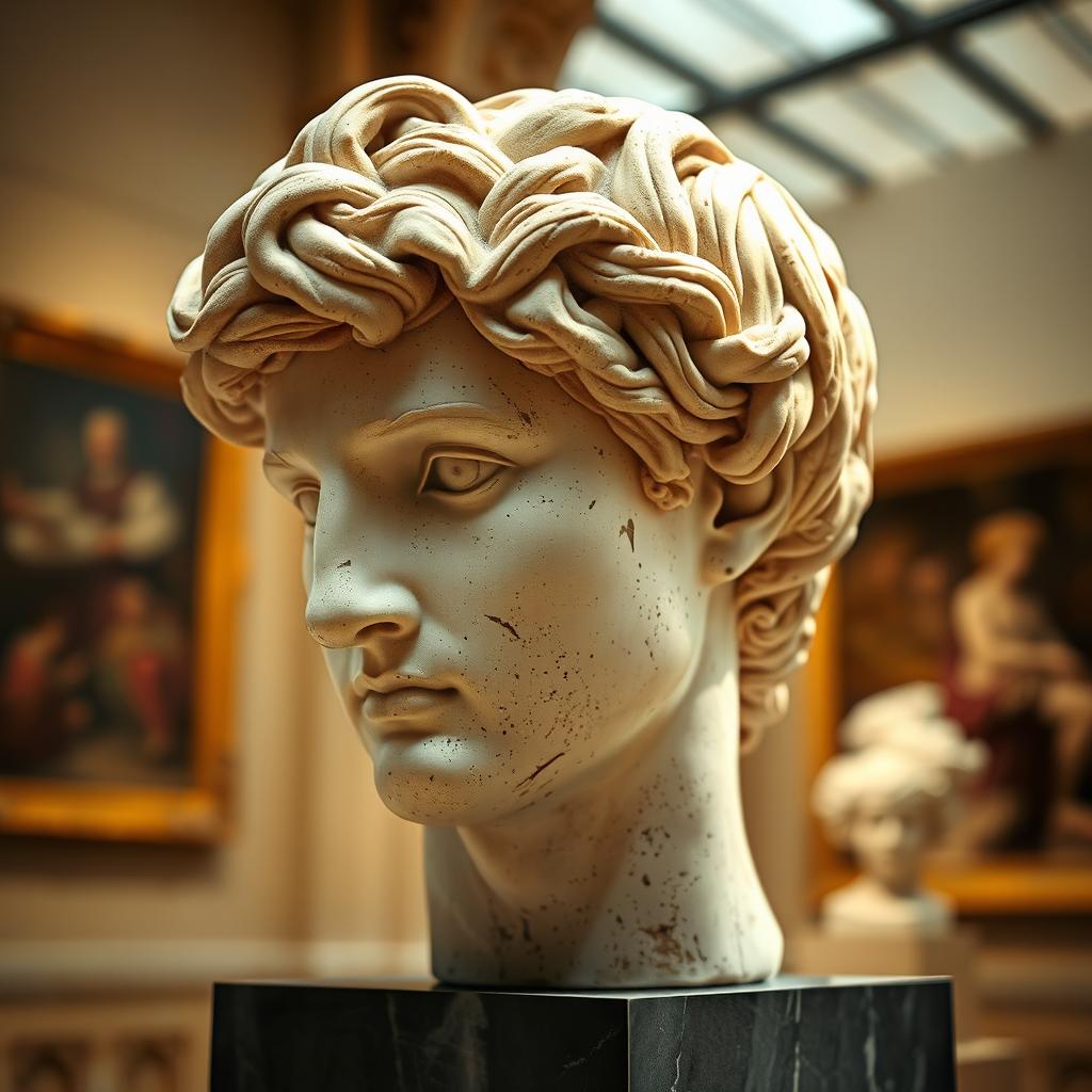 A beautifully detailed sculpture of David's head, showcasing ancient artistry with fine lines and textures