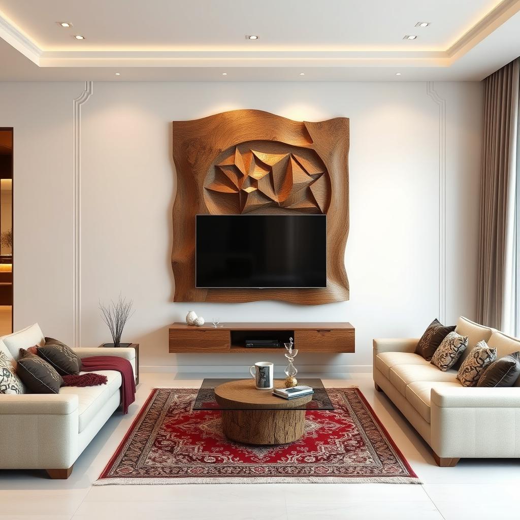 A modern living room featuring a TV mounted on a CNC three-dimensional panel as the main wall decoration