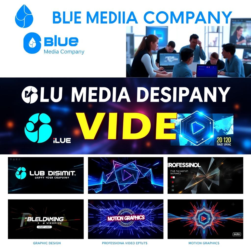 A promotional video for Blue Media Company showcasing its services in graphic design, motion graphics, and professional video editing