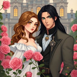 A romantic yet mysterious scene featuring two main characters