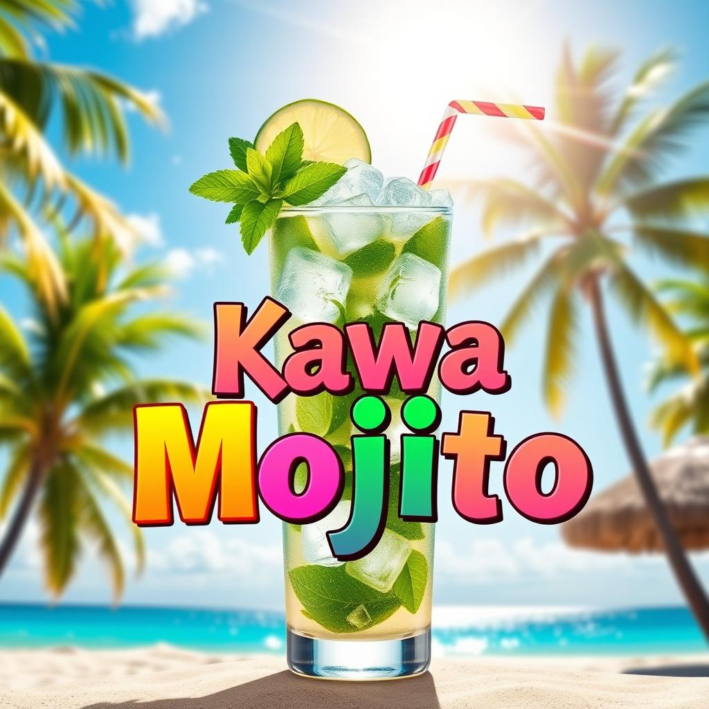 An inviting poster for a Kawa Mojito, featuring a tall, refreshing glass filled with vibrant green mint leaves, ice cubes, and a splash of sparkling soda