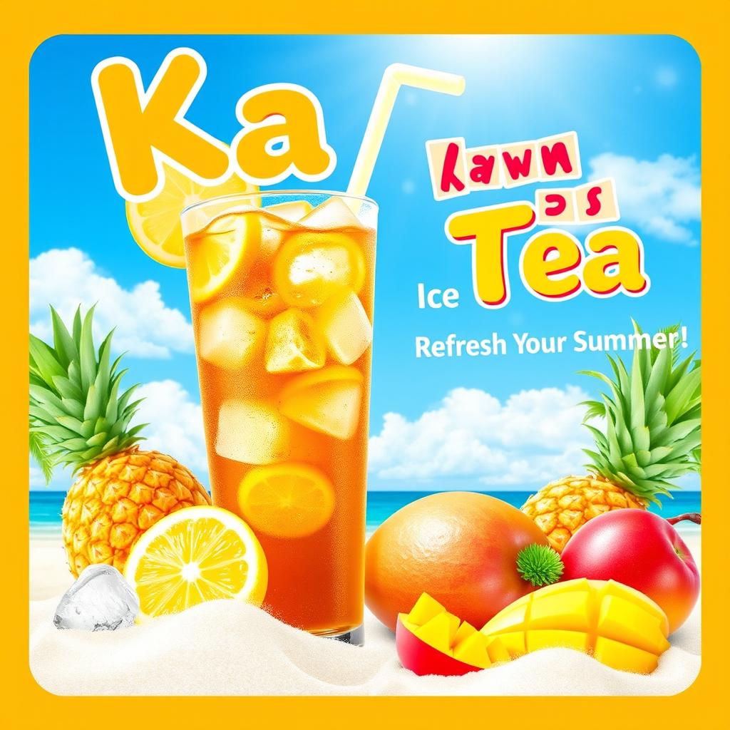 A vibrant summer-themed poster for Kawa Ice Tea, featuring a refreshing glass of iced tea with ice cubes and fresh lemon slices, surrounded by tropical fruits like pineapple and mango
