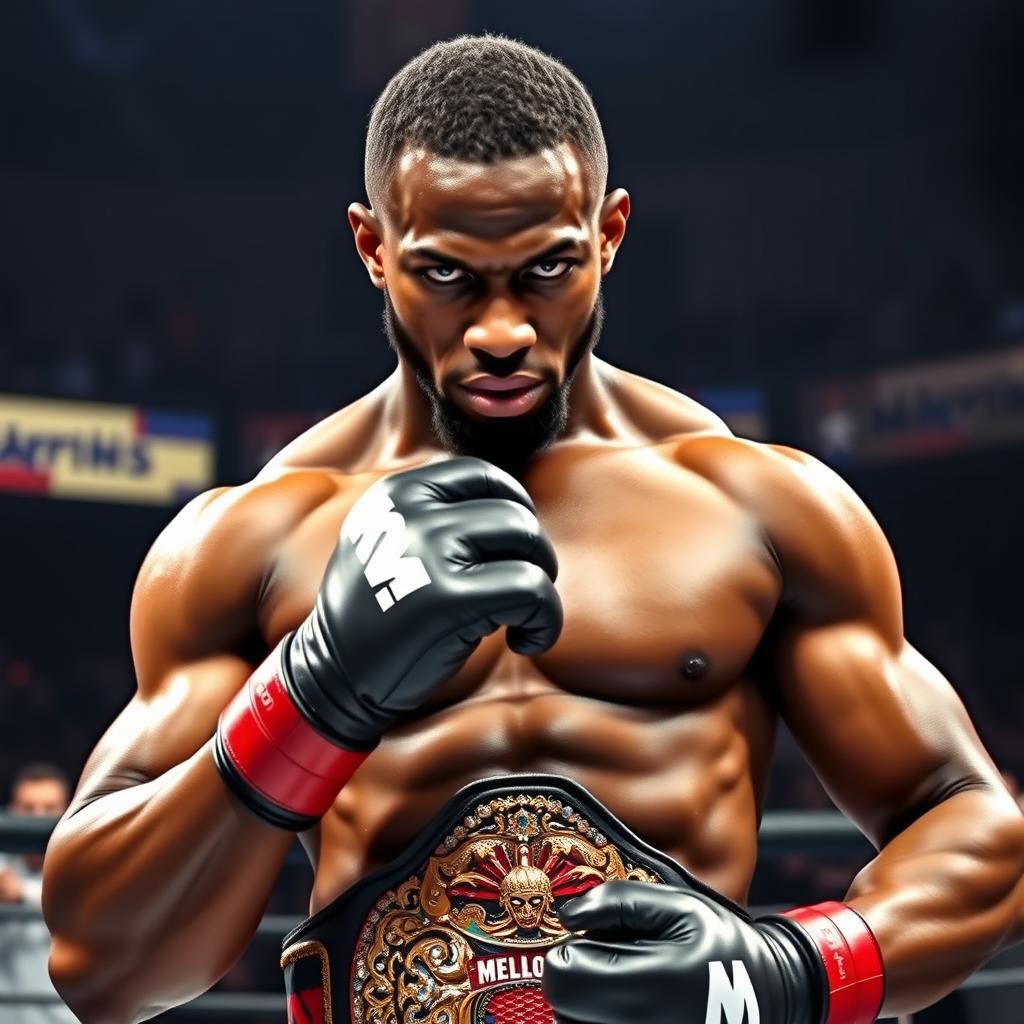 A dynamic portrait of a Black male martial artist inspired by George Saint Pierre, showcasing powerful physique, intense focus, and determination