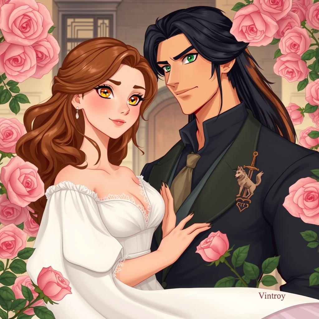 A romantic scene featuring two leads: the female lead with dirt brown blonde wavy hair and captivating golden yellow eyes, dressed in a beautiful white flowy dress