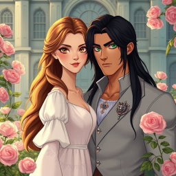 A romantic scene featuring two leads: the female lead with dirt brown blonde wavy hair and captivating golden yellow eyes, dressed in a beautiful white flowy dress