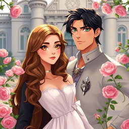 A romantic scene featuring two leads: the female lead with dirt brown blonde wavy hair and captivating golden yellow eyes, dressed in a beautiful white flowy dress