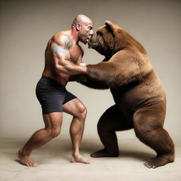 An exciting scene of Joe Rogan, trained martial artist and podcast host, grappling with a large, muscular bear