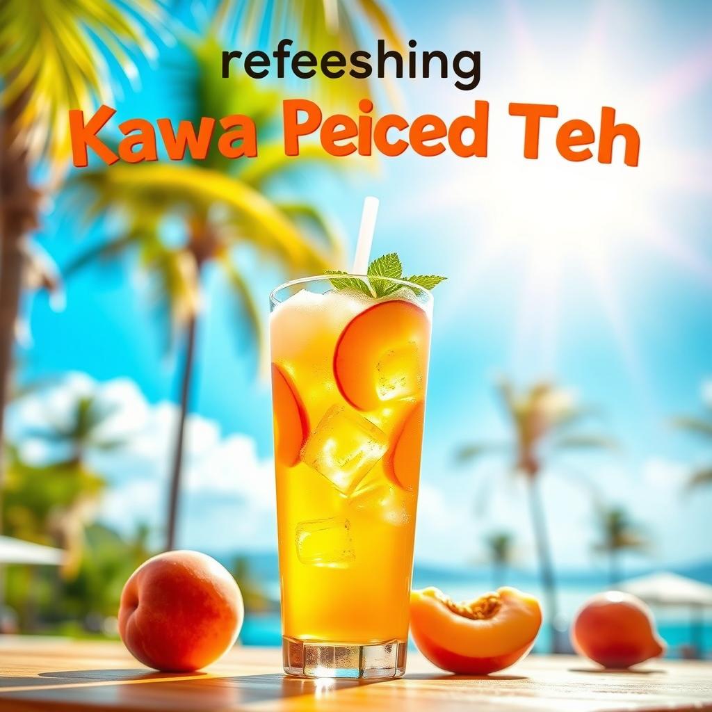 A vibrant summer poster featuring a delicious Kawa iced tea peach drink