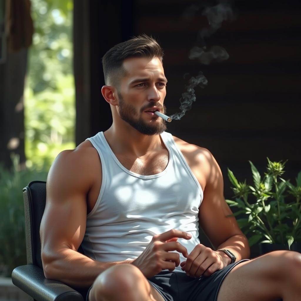 A relaxed scene featuring a male martial artist reminiscent of George Saint Pierre, depicted enjoying a moment of leisure while smoking a joint