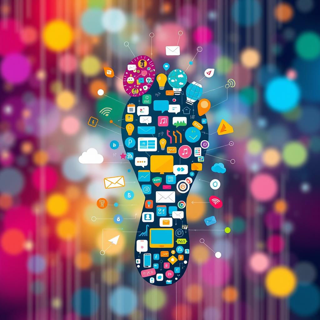 A visually striking poster representing a digital footprint, filled with various graphics symbolizing online activities such as social media icons, web browsing, email communication, cloud storage, and e-commerce activities