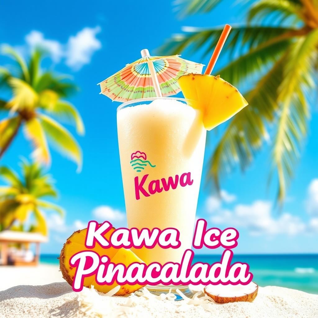 A vibrant summer-themed poster showcasing a delicious Kawa Ice Pinacolada