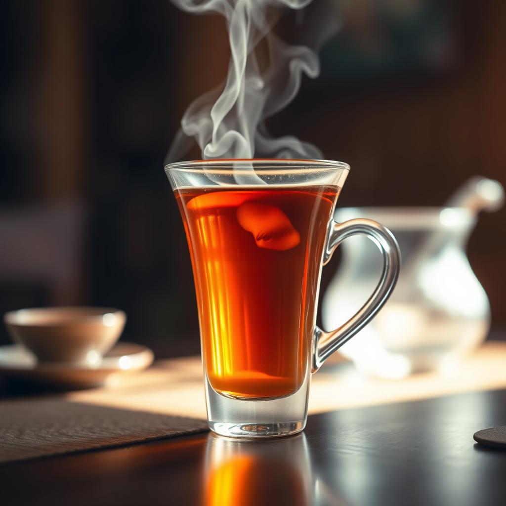 A delicate, narrow glass cup filled with steaming tea, beautifully captured in a soft focus setting
