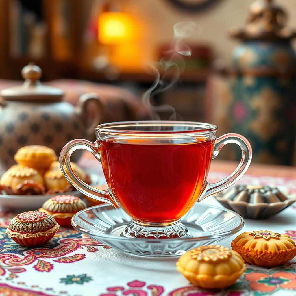 A beautifully arranged scene showcasing a traditional Persian tea set, featuring a narrow-waisted glass tea cup (estakan) filled with steaming hot tea