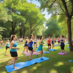 A lively fitness camp in the outdoors, filled with people participating enthusiastically in a variety of activities, such as running, yoga, and team sports. The camp is surrounded by lush greenery and a clear blue sky.