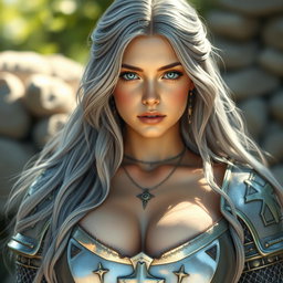 A realistic depiction of an innocent busty cleric healer girl featuring long ash grey hair, large breasts, and striking cyan eyes