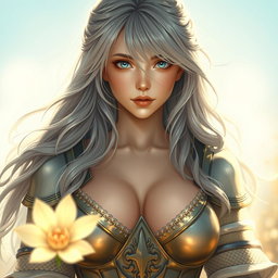 A realistic depiction of an innocent busty cleric healer girl featuring long ash grey hair, large breasts, and striking cyan eyes