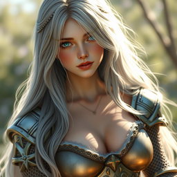 A realistic depiction of an innocent busty cleric healer girl featuring long ash grey hair, large breasts, and striking cyan eyes