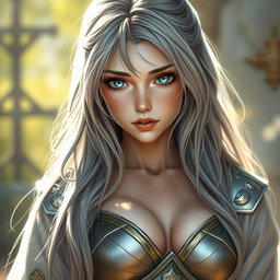 A realistic depiction of an innocent busty cleric healer girl featuring long ash grey hair, large breasts, and striking cyan eyes