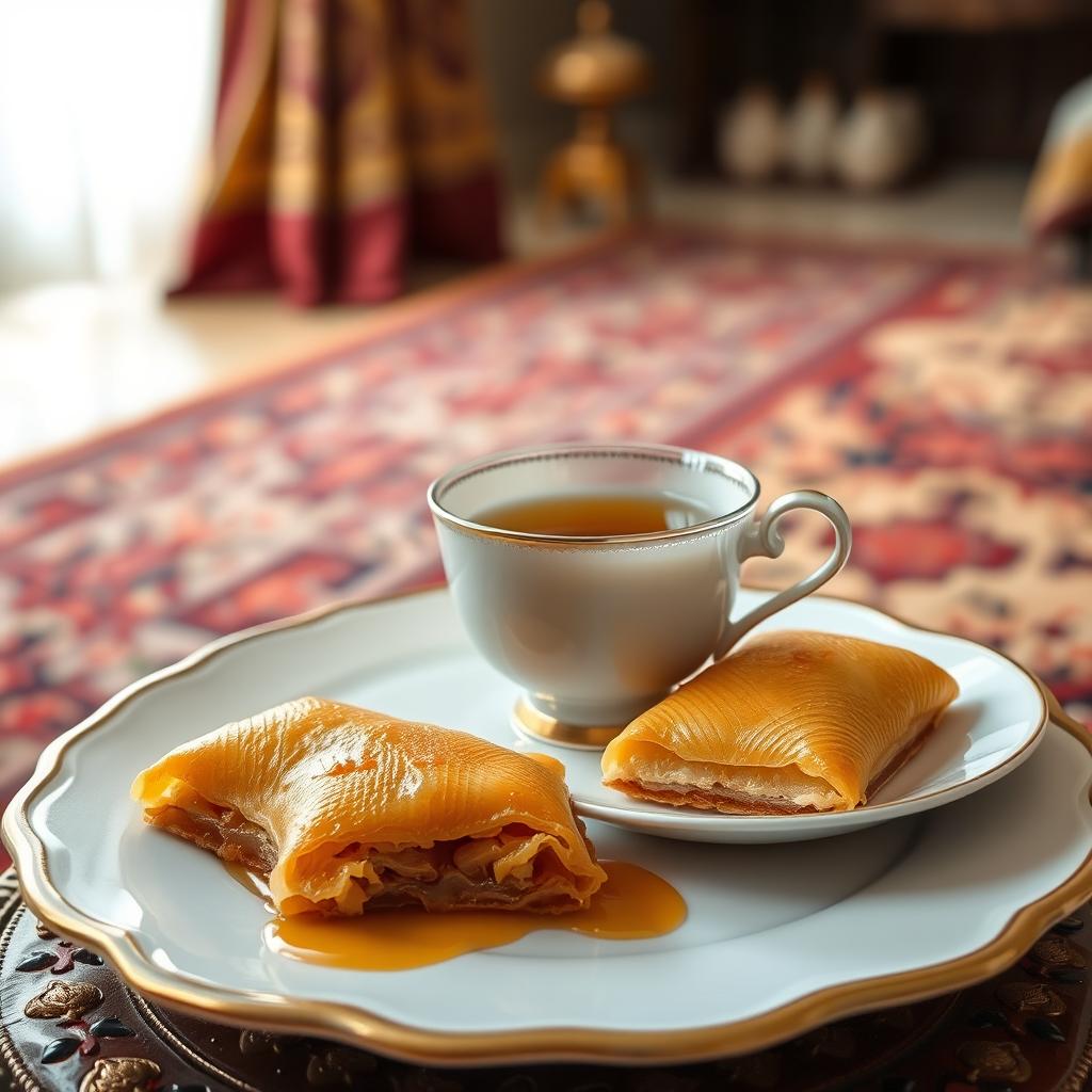 A beautifully arranged traditional Iranian tea setting featuring a slender waist teacup filled with fragrant tea placed on a decorative table