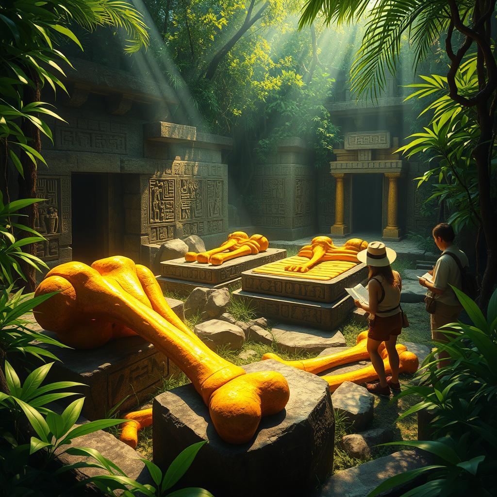 A stunning artistic interpretation of a Mayan archaeological site showcasing golden bones, intricately carved stone relics, and lush jungle surroundings
