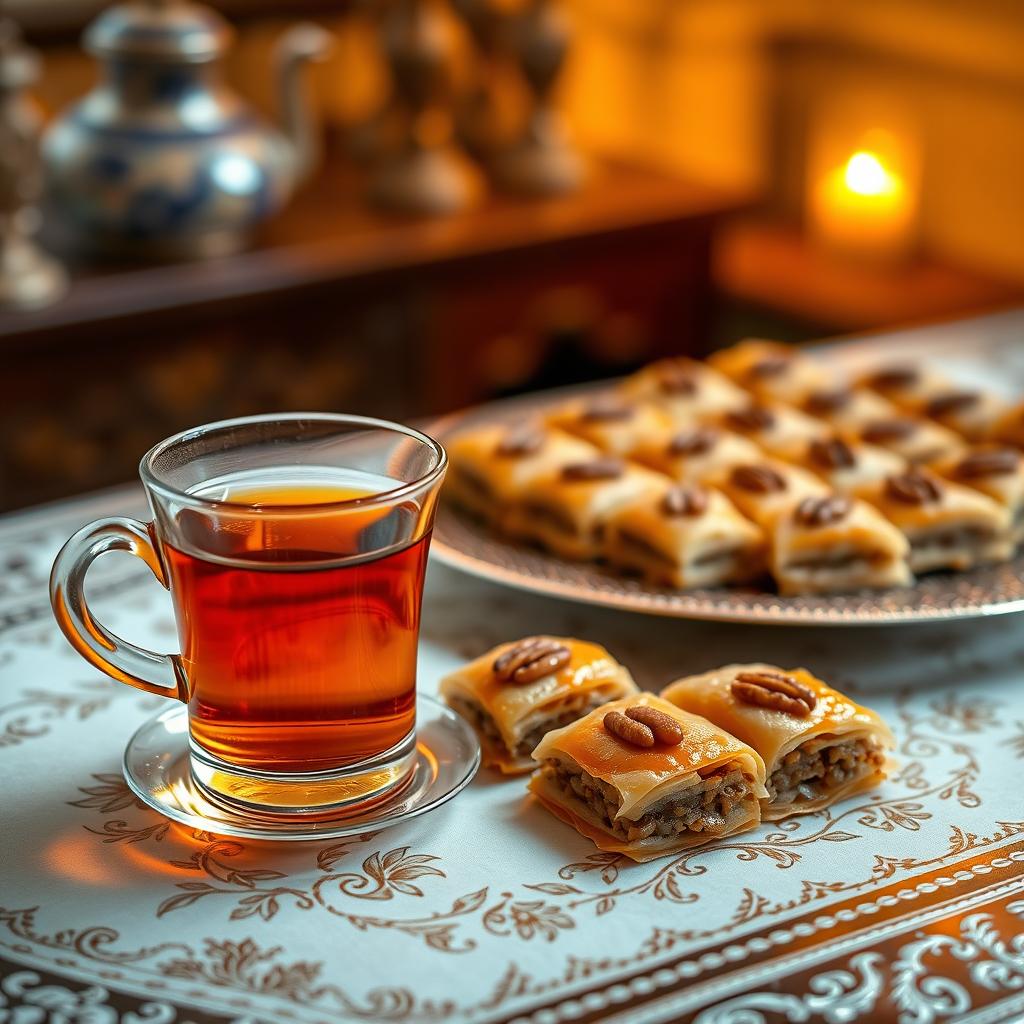 A traditional Persian tea served in a narrow glass cup placed elegantly on an ornate table, accompanied by a beautifully presented platter of rich, flaky baklava