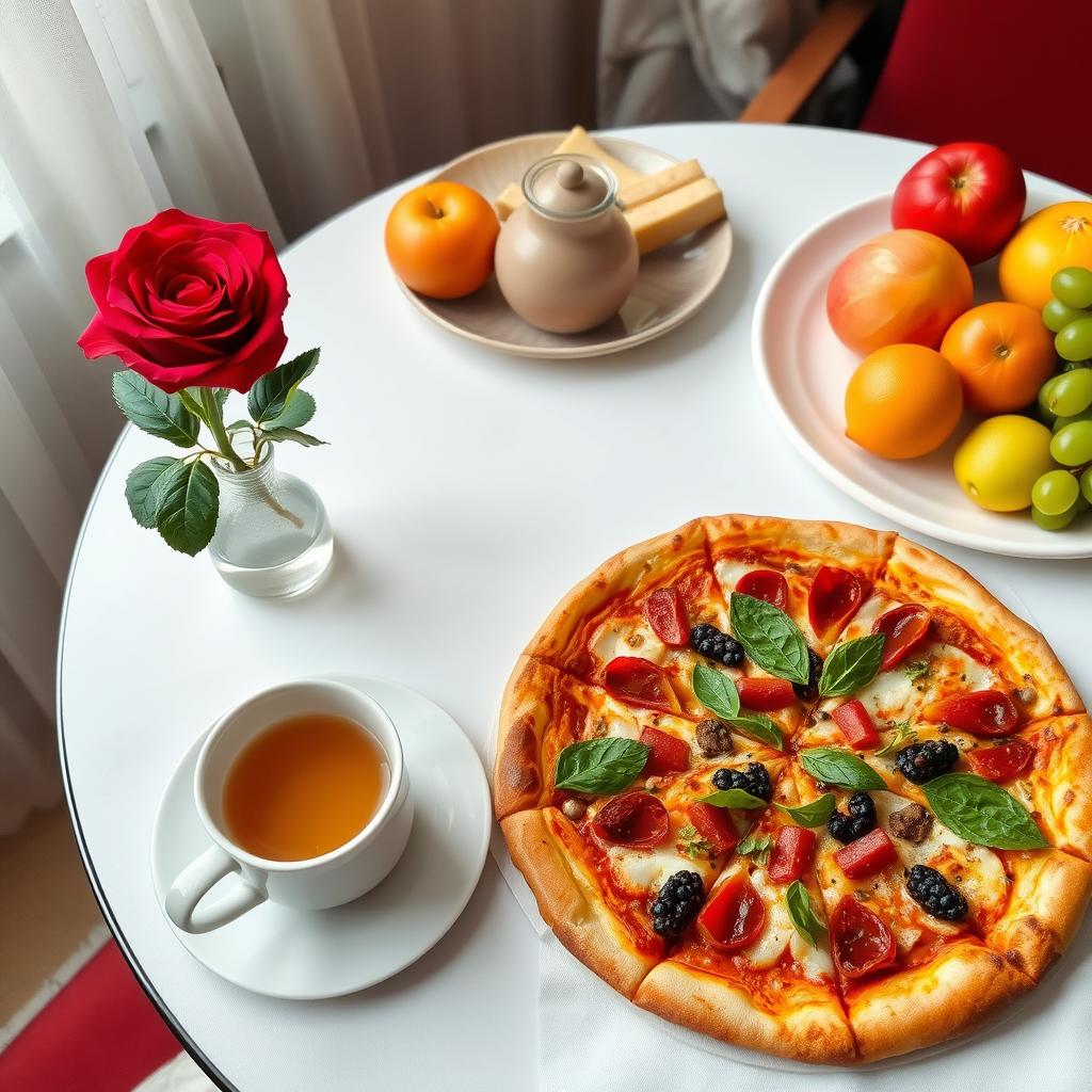 A beautifully arranged table setting featuring a delicious pizza topped with fresh ingredients, accompanied by a vibrant red rose in a small vase